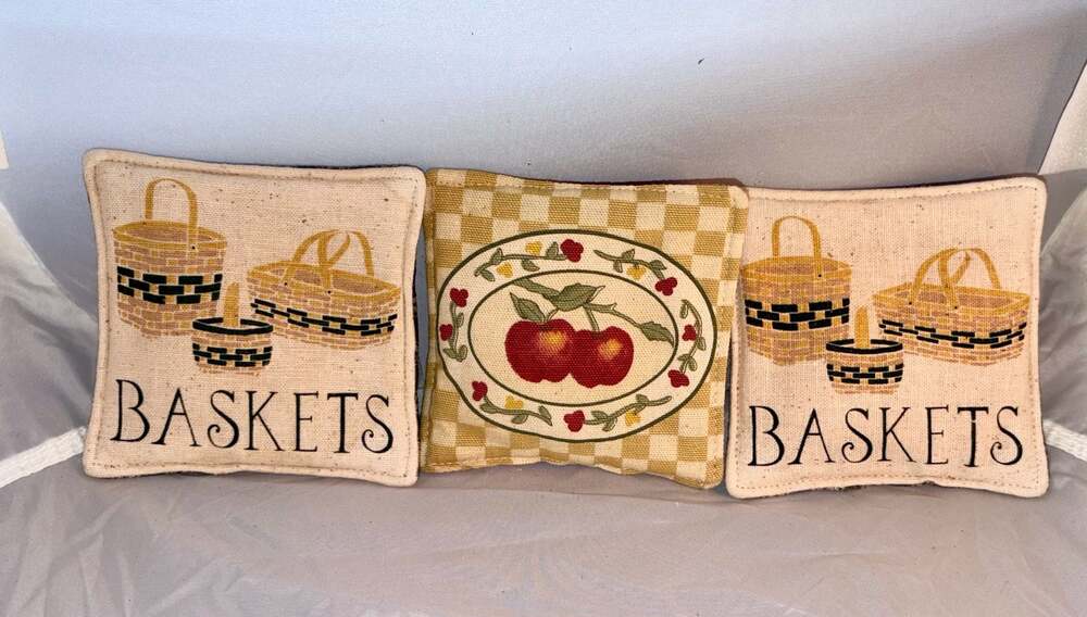 Set of 3 Vtg Country Farmhouse Tapestry Mini Accent Pillows Apples and Baskets